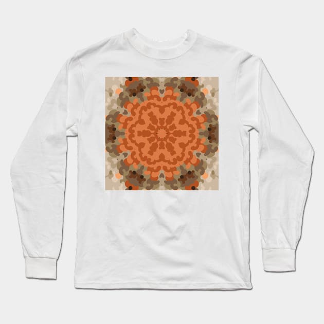 Retro Mandala Flower Orange and Tan Long Sleeve T-Shirt by WormholeOrbital